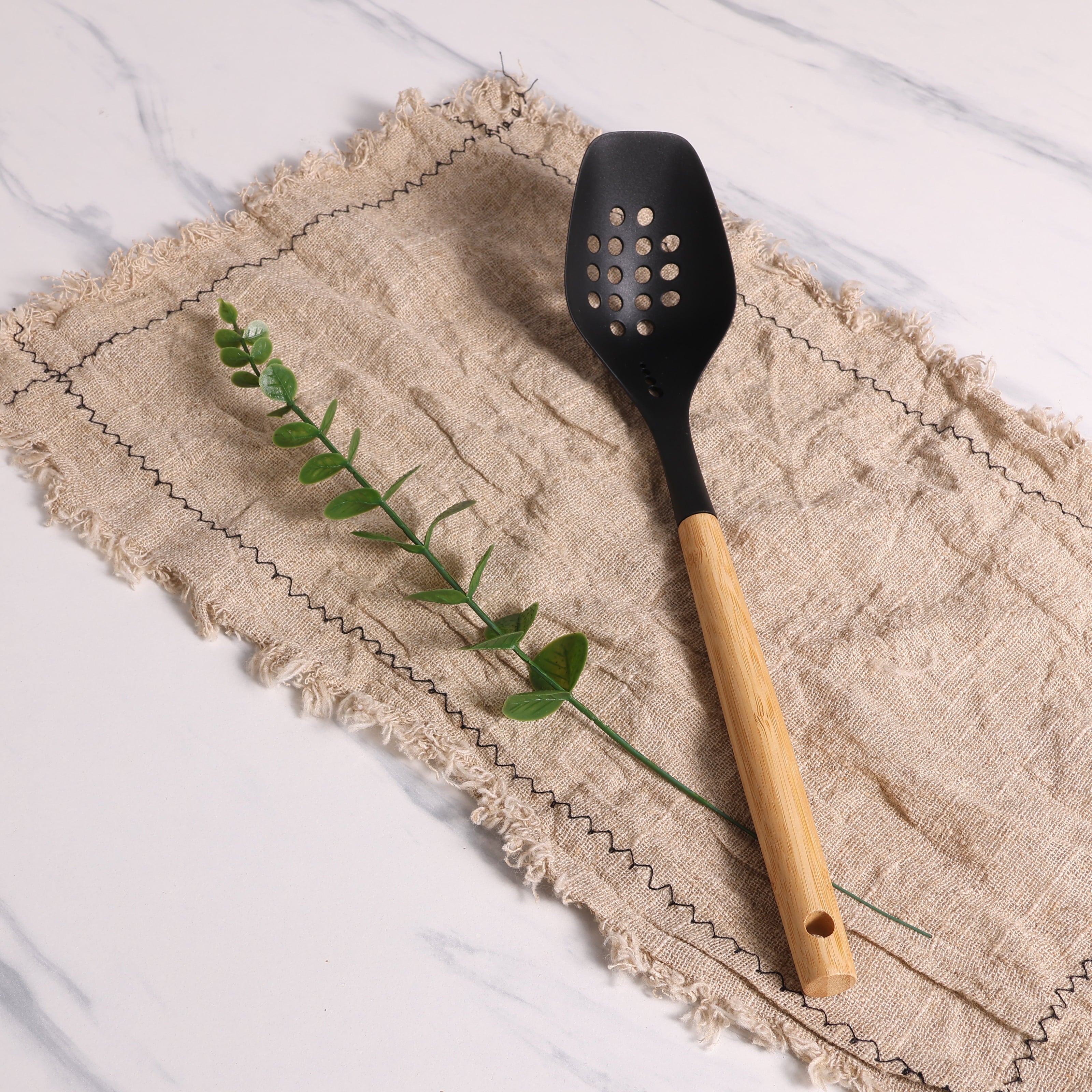 Durable Steel Cooking Spoon with Bamboo Handle, 12.6"2.7", & Bamboo, Black - Multi-Purpose Hand Tool for Daily Meal Prep Detail