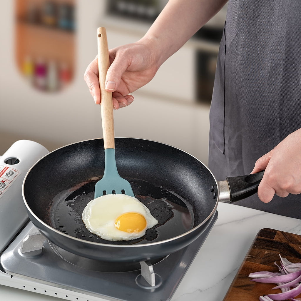 Seamless One-Piece Small Silicone Cooking Utensils with Holder Set (12Pack), Aqua Kitchen Tools with Wooden Handle for Nonstick... - Durable Turner & Ladle Utensil Set for Home Chefs Detail