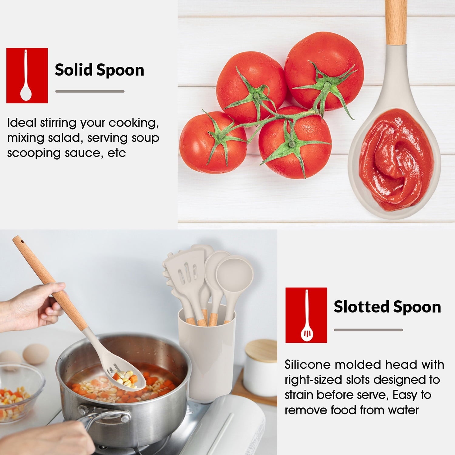 Chef-Quality Kitchen Utensils Set of 6, Silicone Cooking Utensils with Wooden Handle, Non-Stick Cookware & Heat Resistant, Include... - High-Precision Culinary Tool for Baking & Cooking Detail