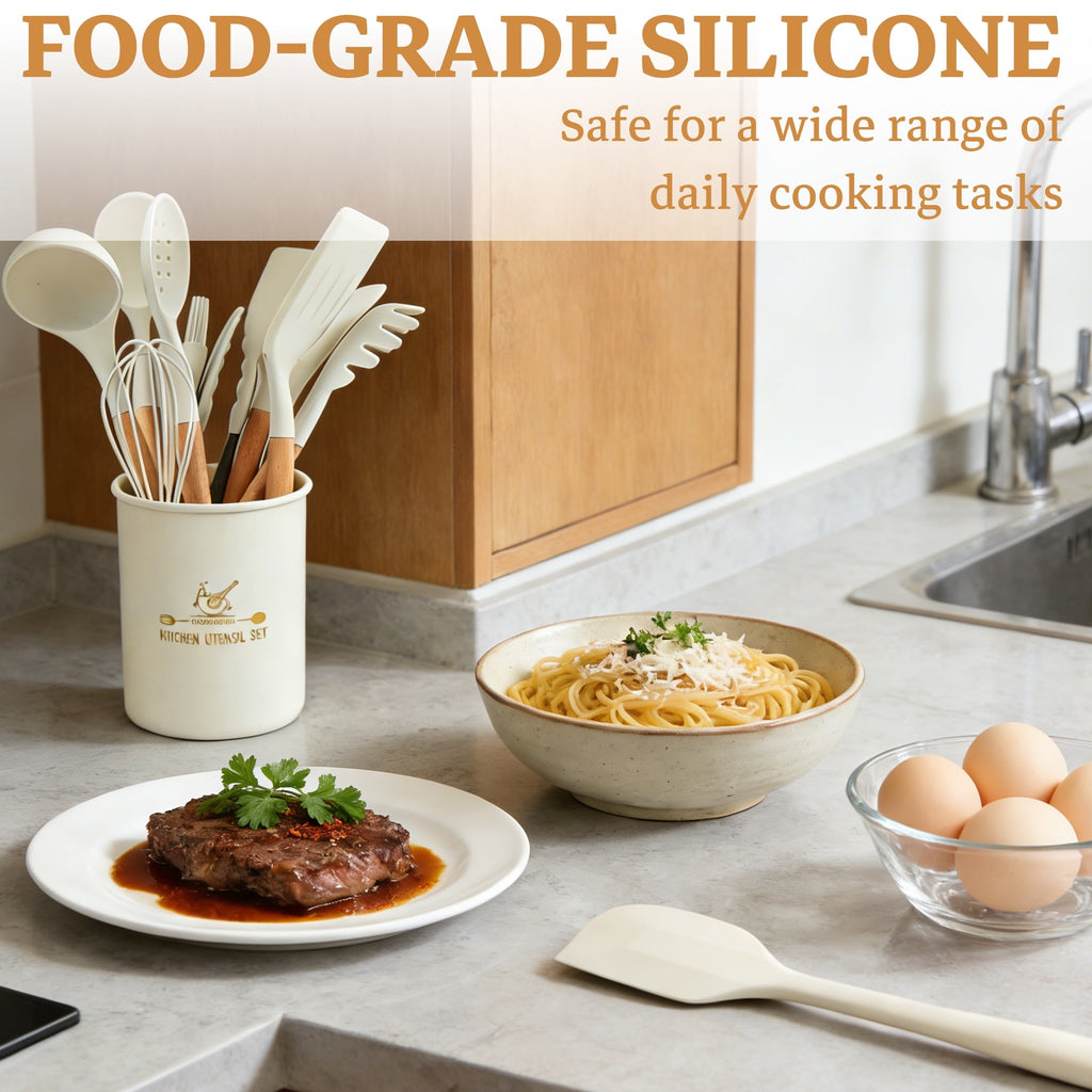 Seamless One-Piece 14-Piece Silicone Cooking Utensils Set, Non-Stick Kitchen Utensil Set for Baking, Flipping, Mixing, White - Premium Stainless Steel Cooking Utensil for Non-Stick Pots Detail