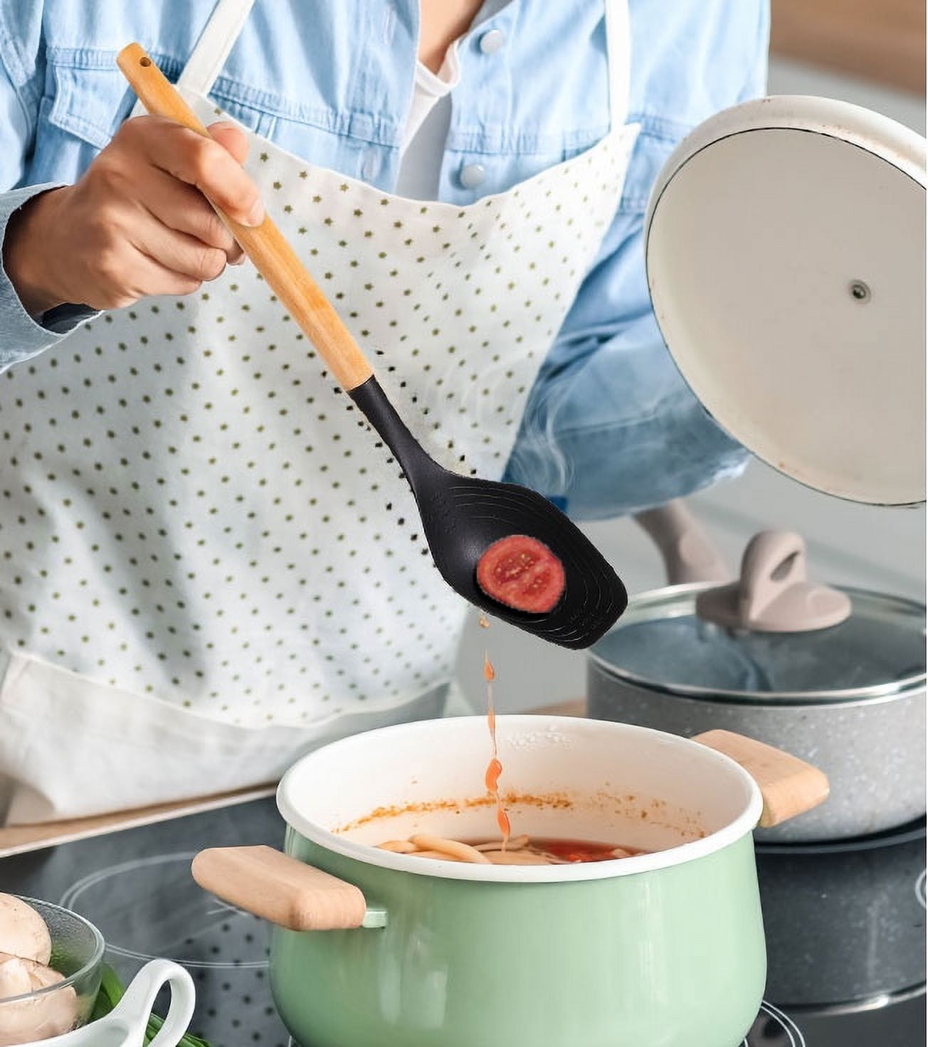 Durable Steel with Bamboo Handle, Ideal for Cooking , 13in L - Multi-Purpose Hand Tool for Daily Meal Prep Detail