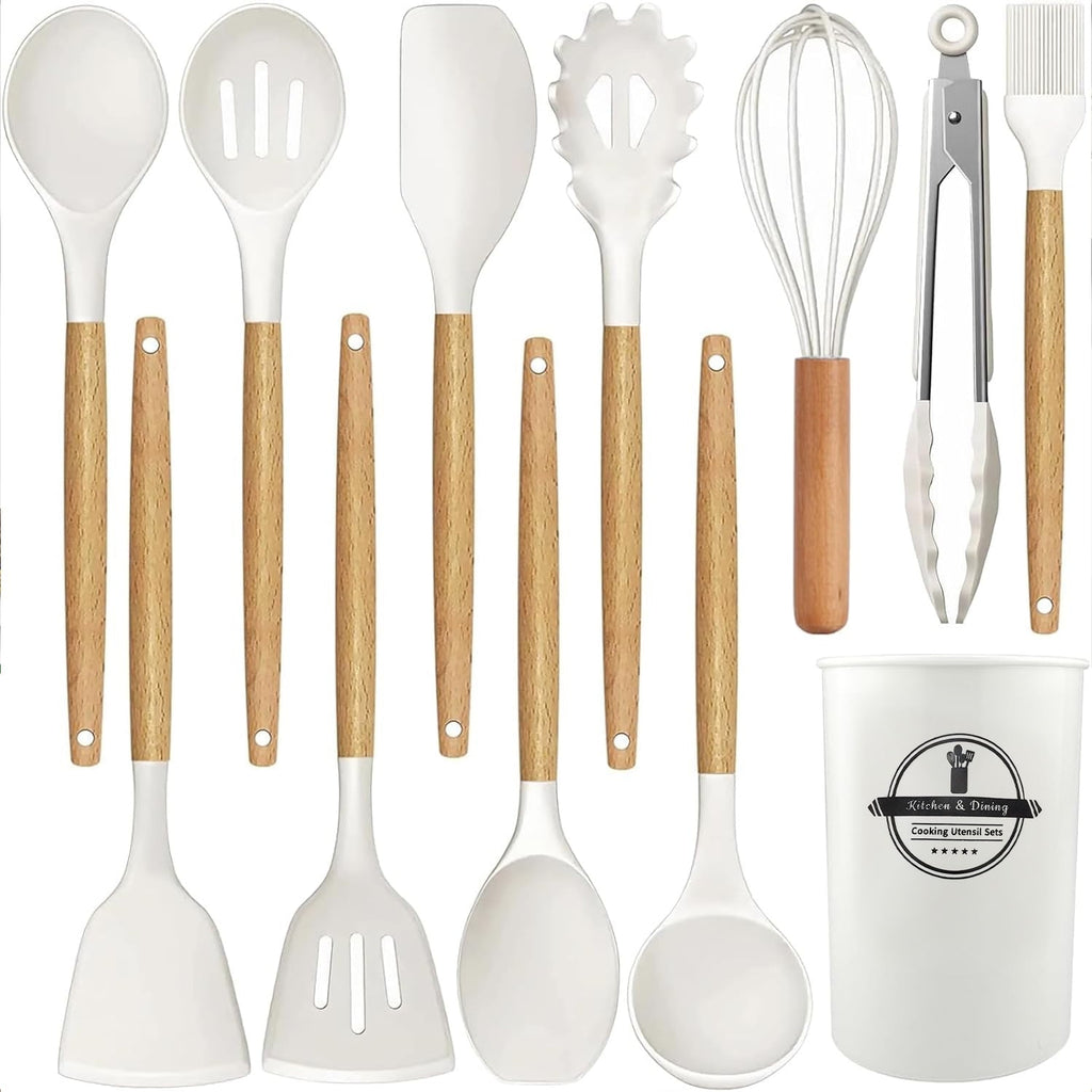 Non-Stick Safe Cooking Utensils Set, 12 packs Non-Stick Silicone Cooking Kitchen Utensils Spatula Set with Wooden Handles and... - Premium Stainless Steel Cooking Utensil for Non-Stick Pots - Default Title