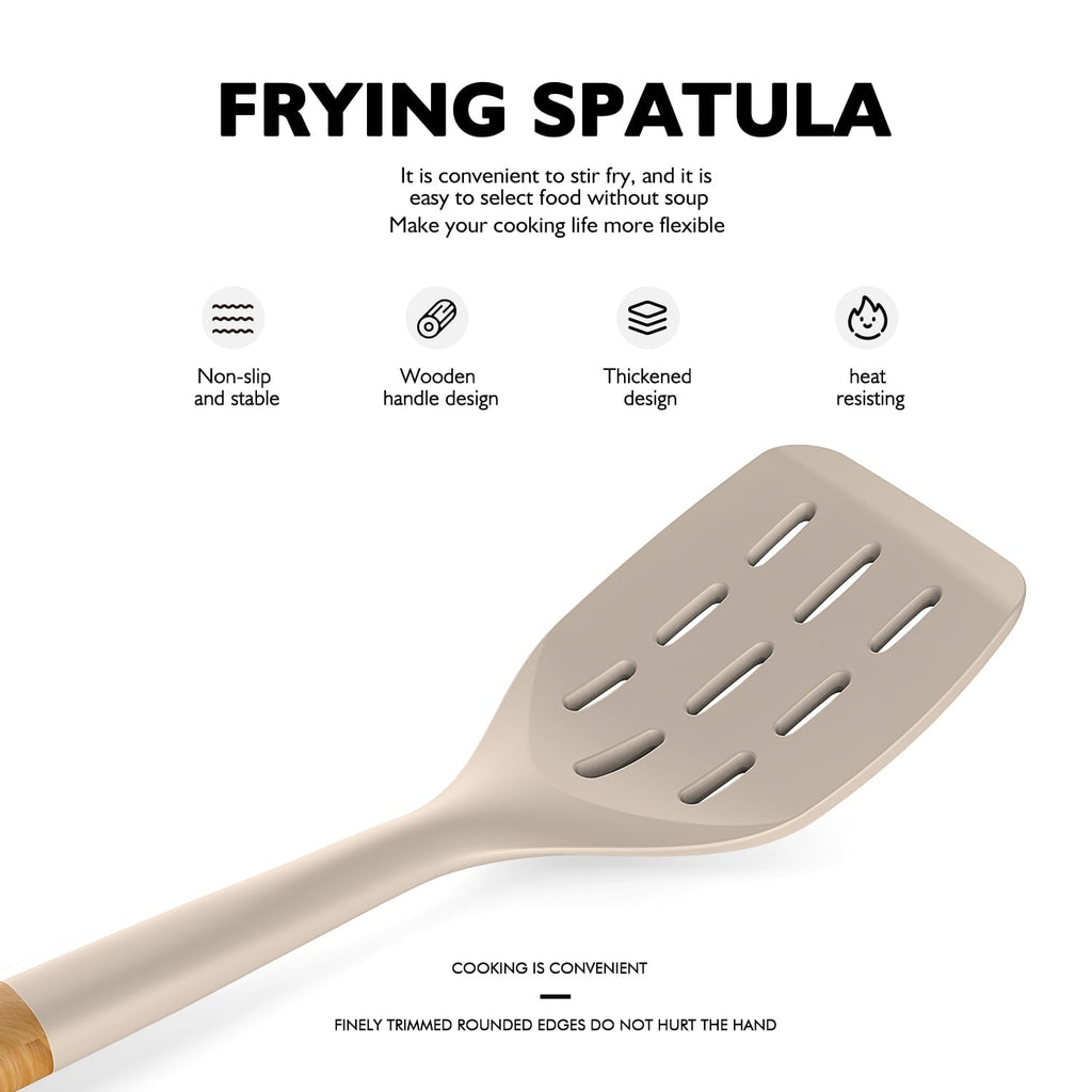 Ergonomic Cooking Large Silicone Cooking Utensils - Heat Resistant Kitchen Utensil Set with Wooden Handles, Spatula,Turner, Slotted Spo... - Durable Turner & Ladle Utensil Set for Home Chefs Detail