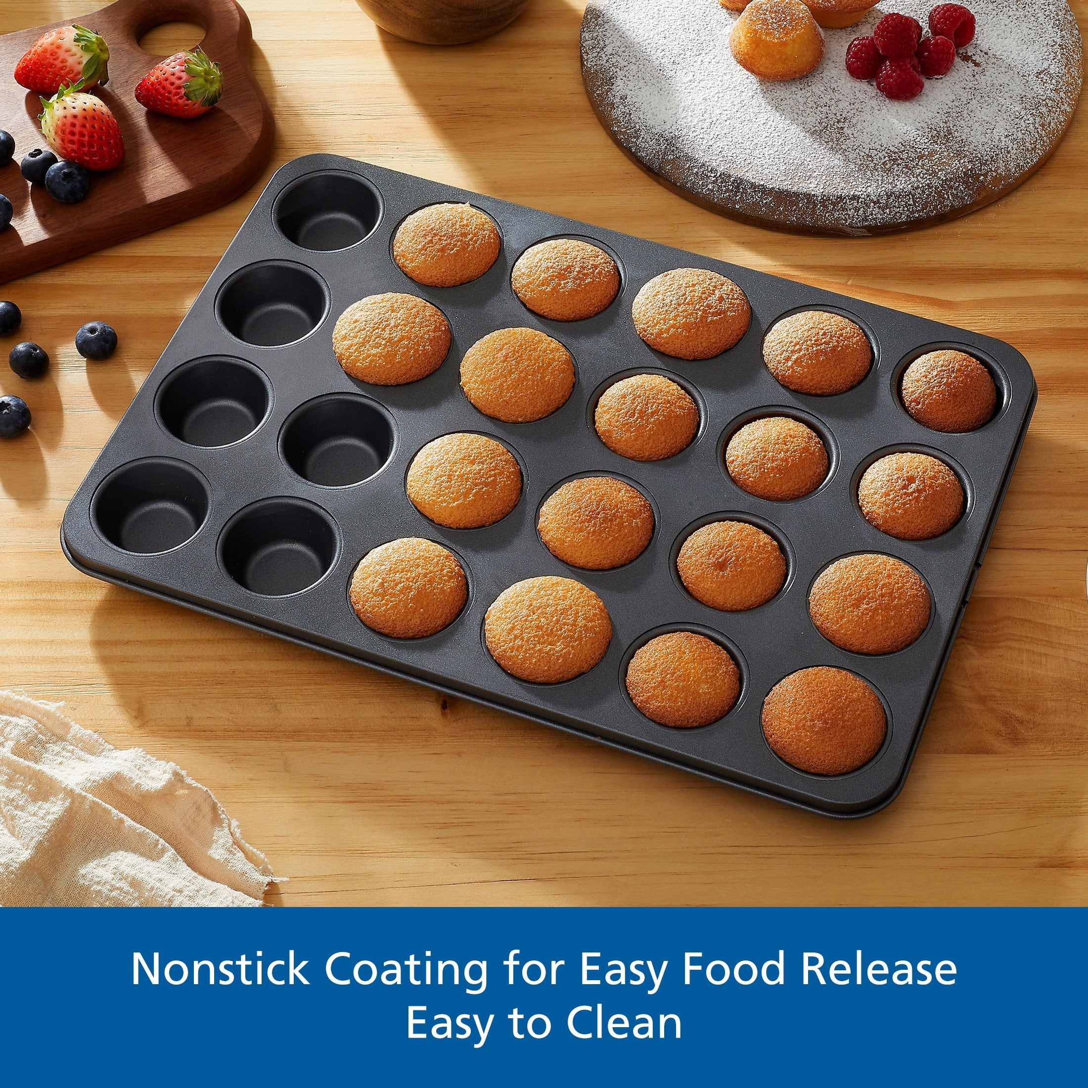 Premium Kitchen 24 Cavity Mini Muffin Pan, Non-Stick Bakeware,1.8 inch Diameter Cups,Gray,Carbon Steel - Multi-Functional Manual Food Chopper & Slicer Detail