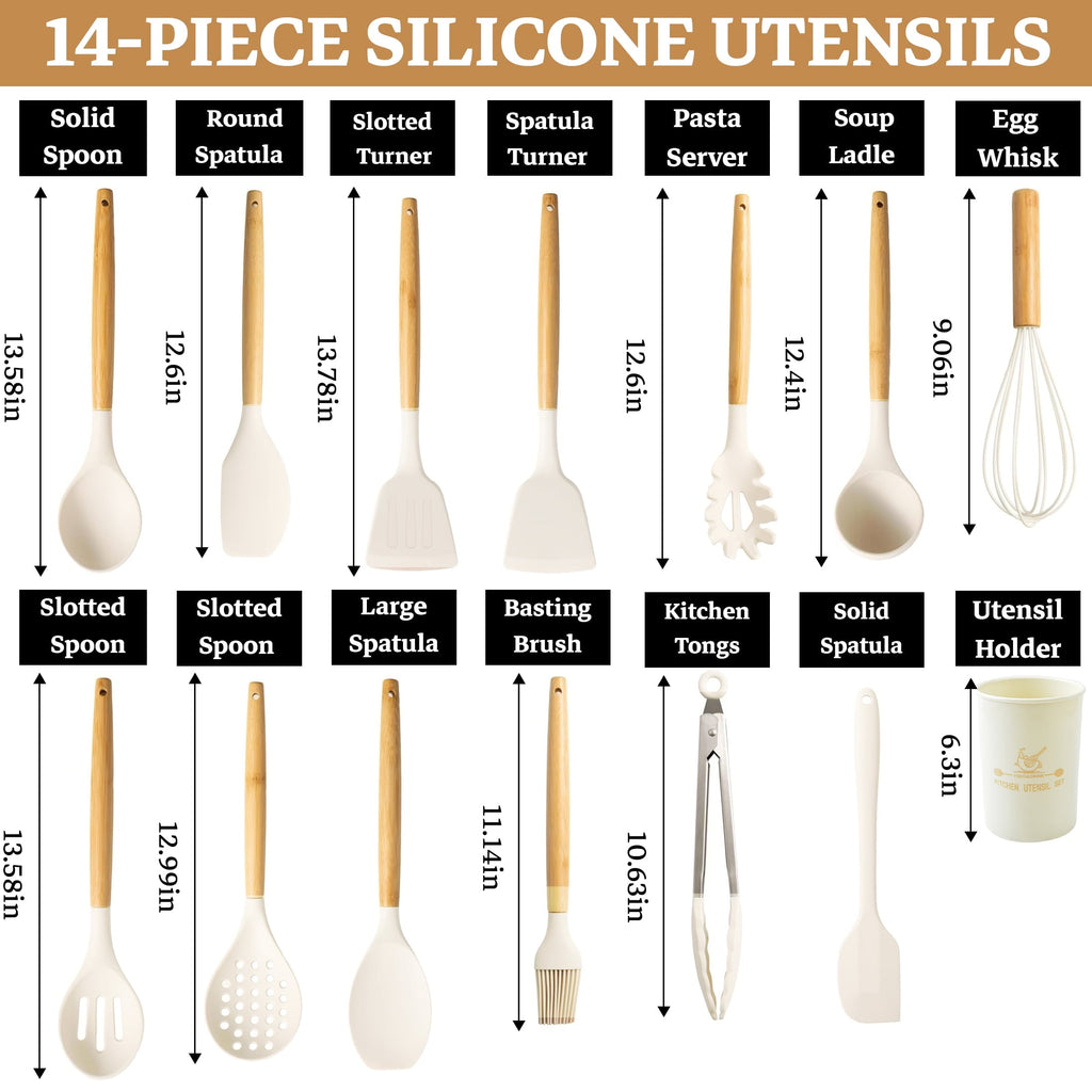 Seamless One-Piece 14-Piece Silicone Cooking Utensils Set, Non-Stick Kitchen Utensil Set for Baking, Flipping, Mixing, White - Premium Stainless Steel Cooking Utensil for Non-Stick Pots Detail