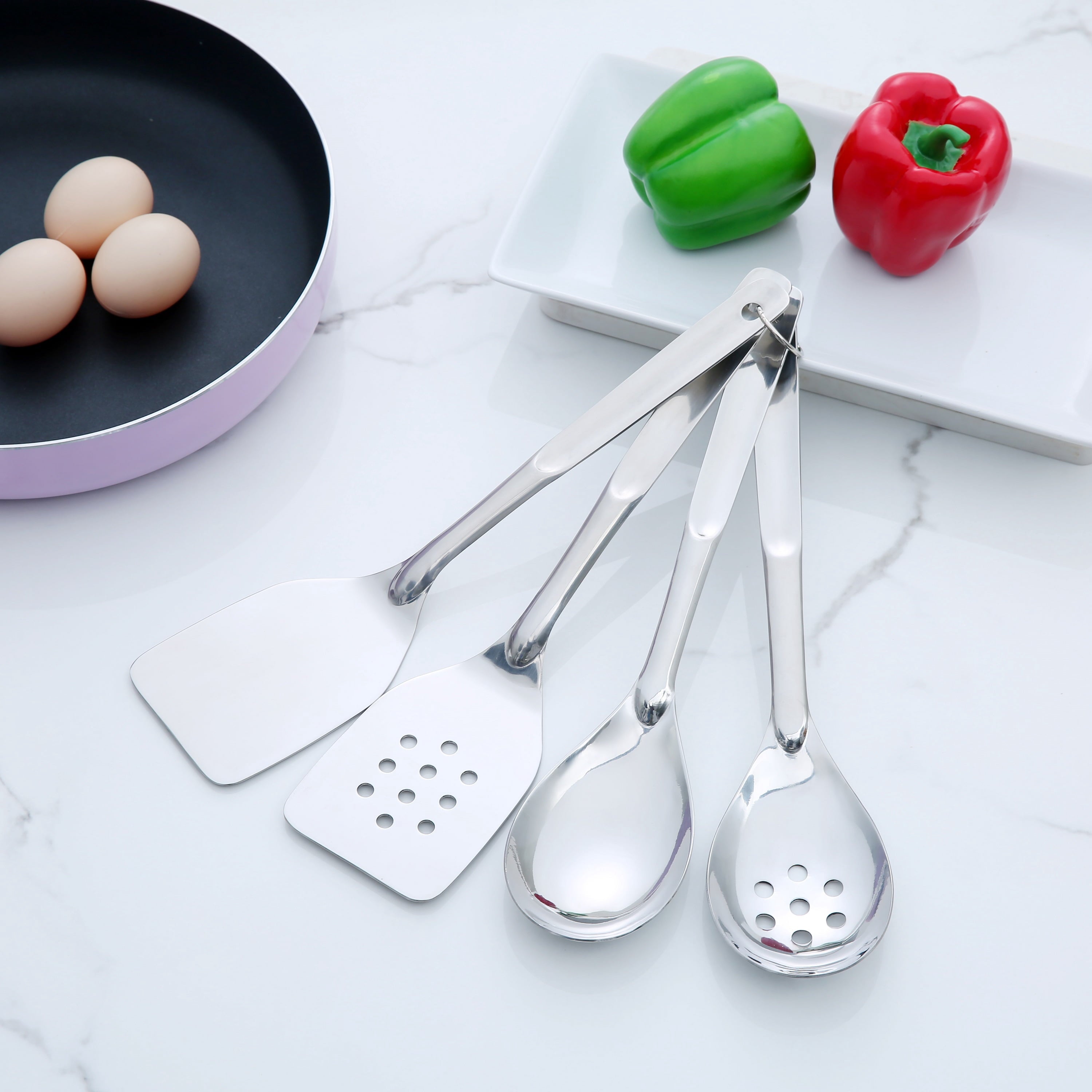Ergonomic Cooking Stainless Steel 4-Piece Utensil Set: Includes Spatula, Slotted Spatula, Spoon, and Slotted Spoon - Ergonomic Kitchen Tongs and Cooking Spoon Utensil Detail