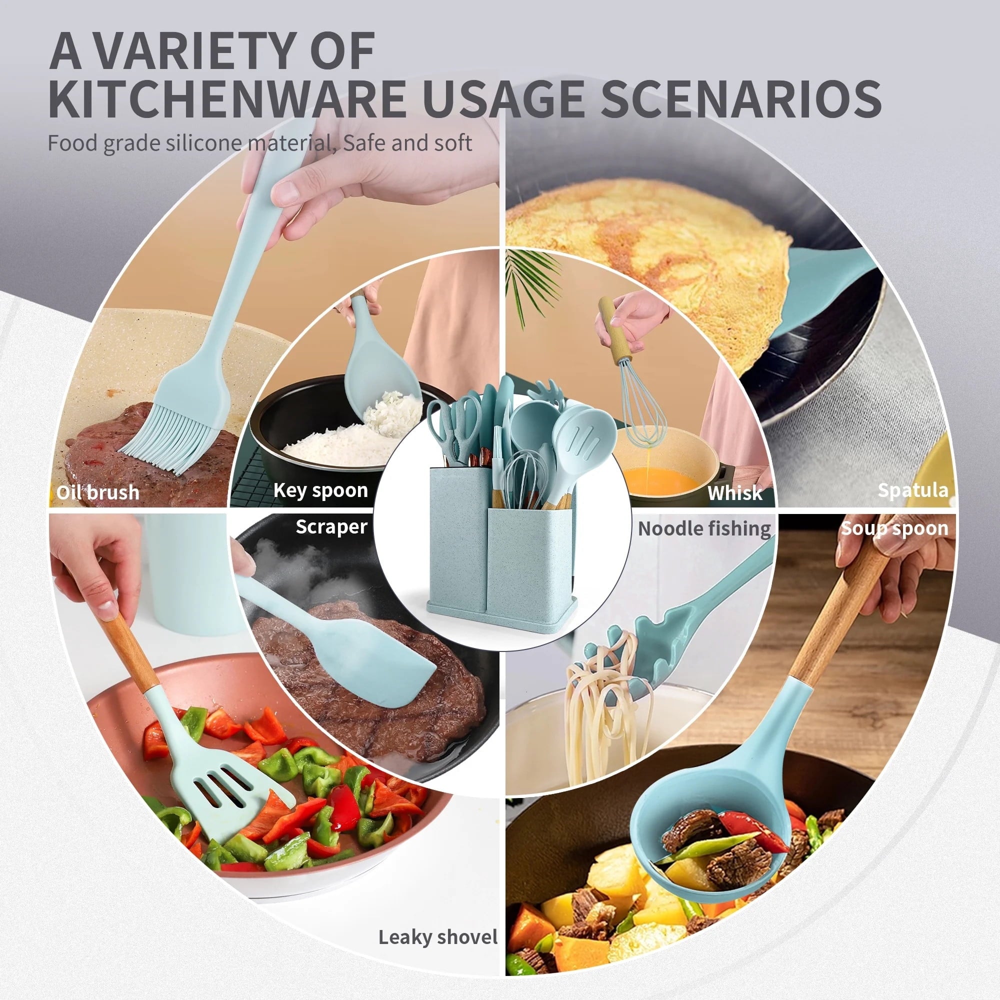 Ergonomic Cooking Silicone Kitchen Cooking Utensils Set, 19 Pieces Utensil with Holder, Heat Resistant, Green - Ergonomic Kitchen Tongs and Cooking Spoon Utensil Detail