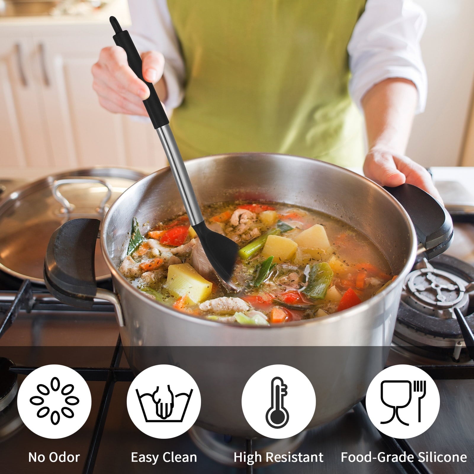 Seamless One-Piece Silicone Cooking Spatulas and Spoons, 4 Pack Heat Resistant Silicone Cooking Utensils Set, Non-stick Large Ki... - Premium Stainless Steel Cooking Utensil for Non-Stick Pots Detail