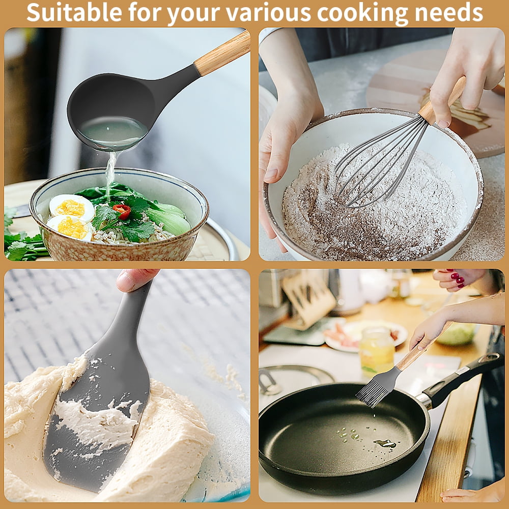 Seamless One-Piece Silicone Wooden Heat Resistant Kitchen Utensil Set, 12 pcs - Premium Stainless Steel Cooking Utensil for Non-Stick Pots Detail