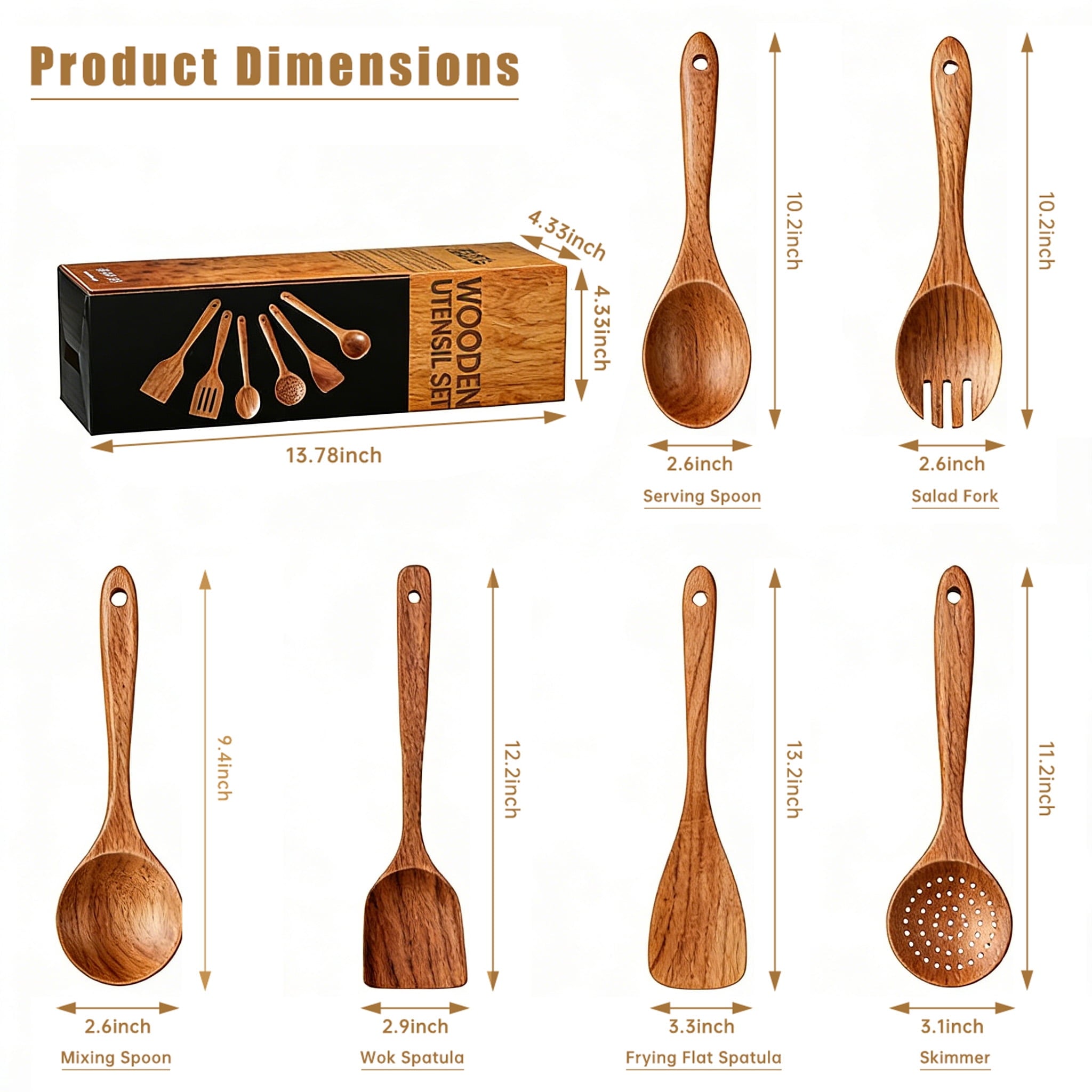 Seamless One-Piece Wooden Spoons for Cooking, 6 PCS Teak Wood Cooking Utensil Set, Wooden Kitchen Utensils for Nonstick Pans & Cookware,... - Ergonomic Kitchen Tongs and Cooking Spoon Utensil Detail