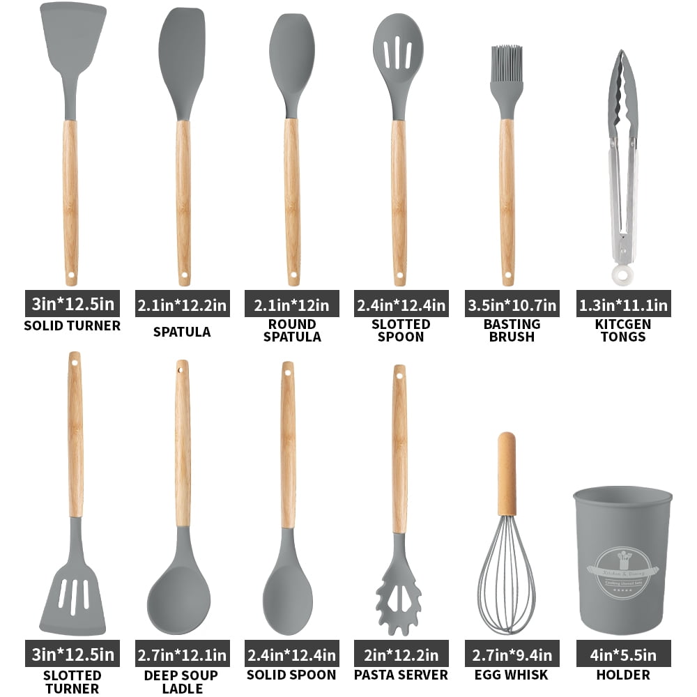 Chef-Quality Silicone Wooden Heat Resistant Kitchen Utensil Set, 12 pcs - Multi-Purpose Hand Tool for Daily Meal Prep Detail