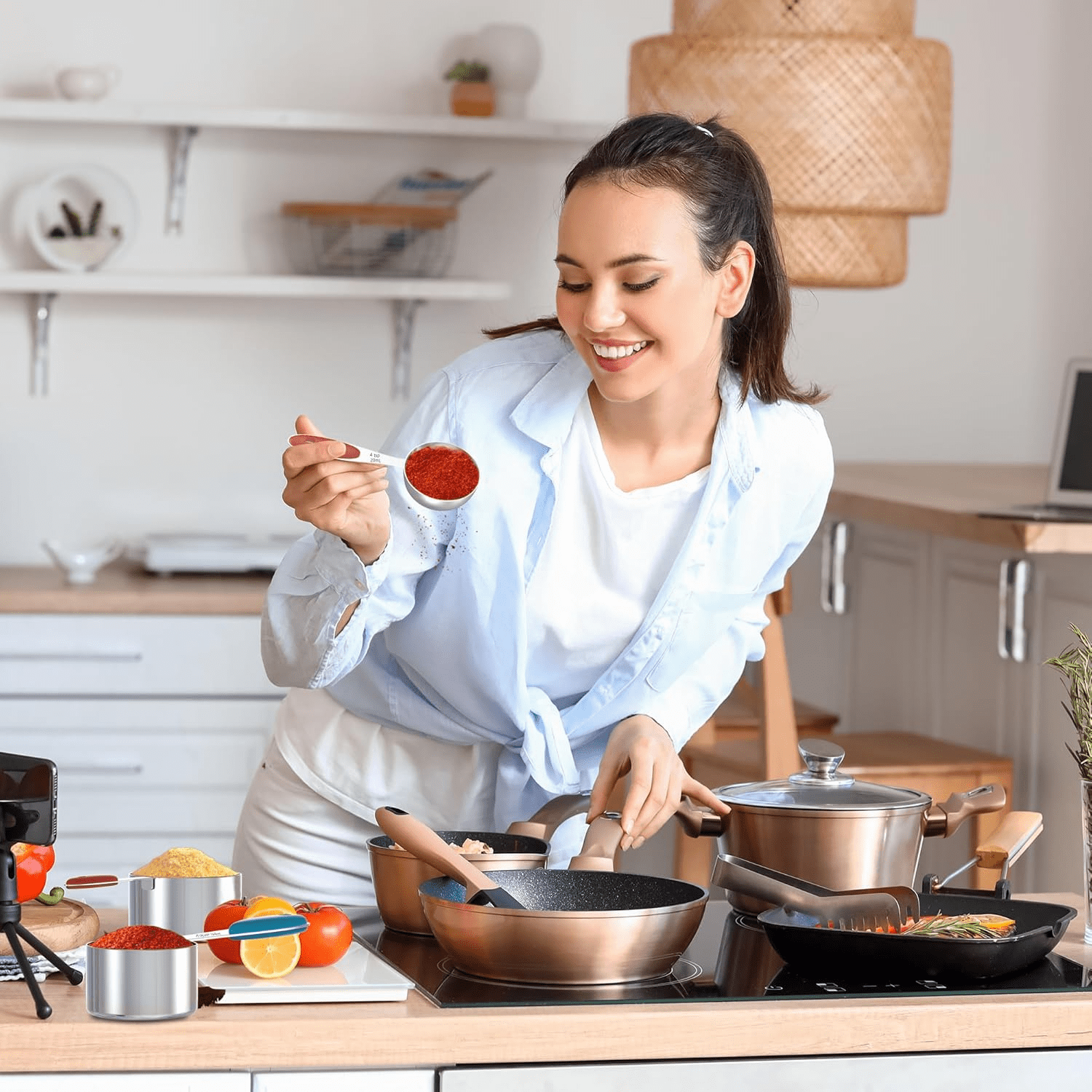 High-Precision Stainless Steel Measuring Cups and Spoons Set of 15, 5 Stainless Steel Nesting Measuring Cups & 5 Spoons, 5 Mini Meas... - High-Precision Culinary Tool for Baking & Cooking Detail
