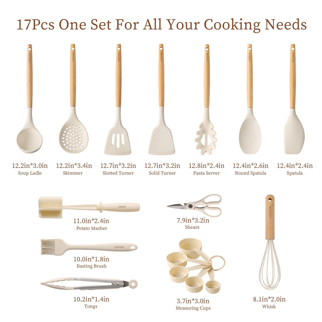 Durable Steel 17-Piece Silicone and Wood Cooking Utensil Set, Heat-Resistant, Safe for Nonstick Cookware - Professional Kitchen Tool for Culinary Enthusiasts Detail