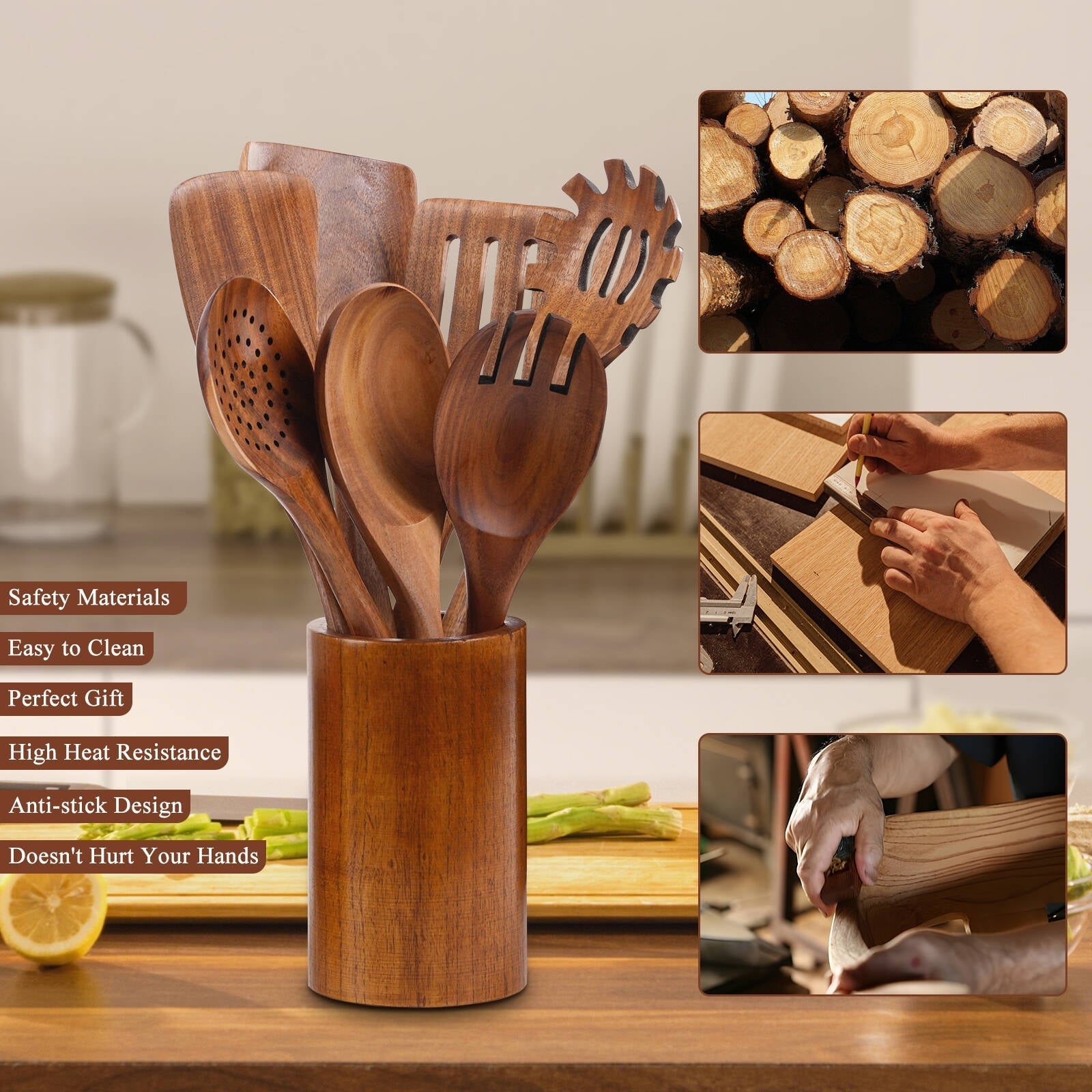 Premium Silicone Wooden Spoons for Cooking, 8 Pcs Natural Wooden Utensil for Cooking with Non-Stick, Heat Resistant, Wood... - Ergonomic Kitchen Tongs and Cooking Spoon Utensil Detail