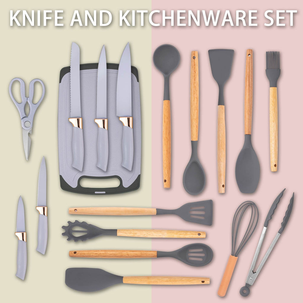 Heat-Resistant 19-Piece Silicone Kitchen Utensil & Knife Set - Heat-Resistant Cooking Tools Non-Stick Safe Gift for Mom or Wo... - Ergonomic Kitchen Tongs and Cooking Spoon Utensil Detail