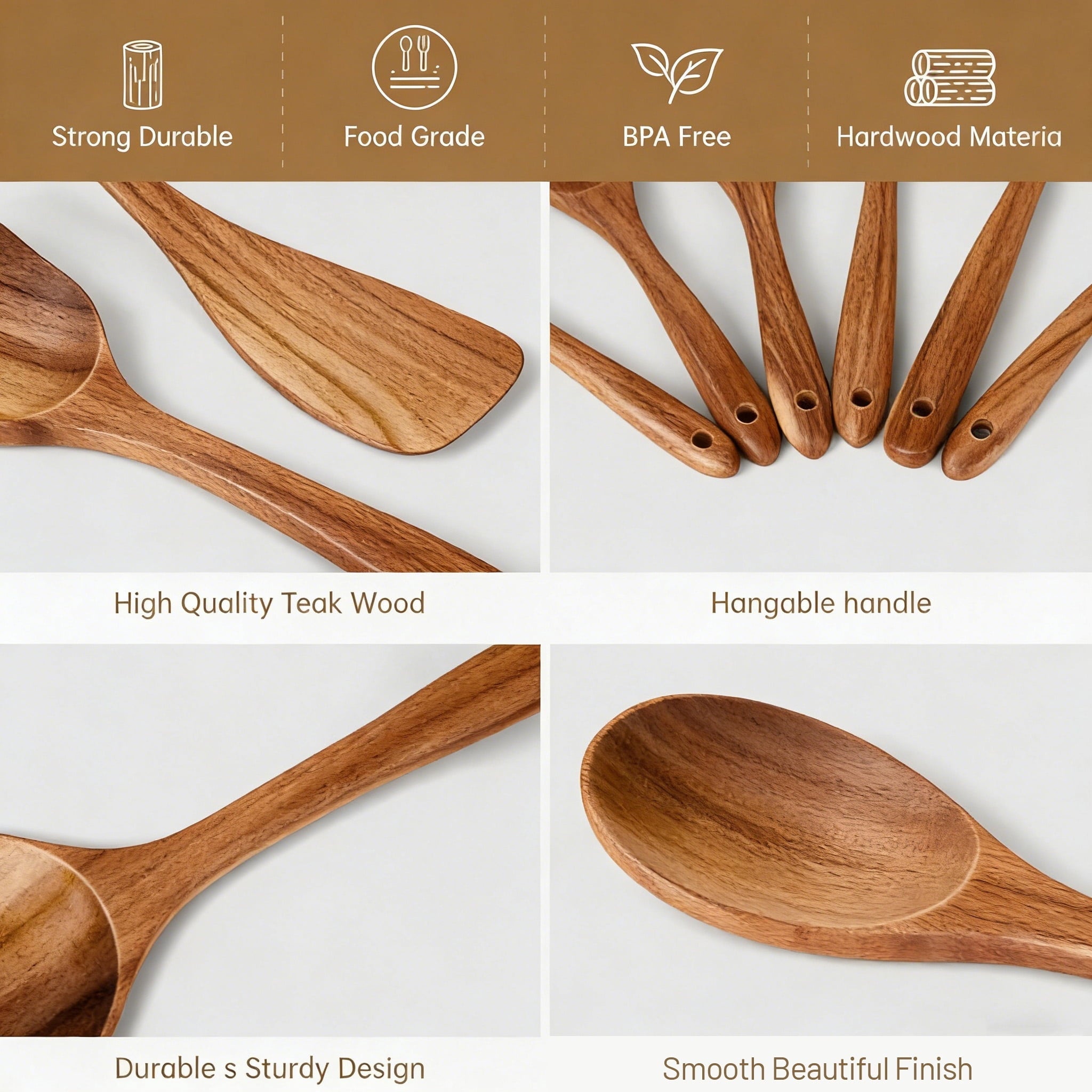 Seamless One-Piece Wooden Spoons for Cooking, 6 PCS Teak Wood Cooking Utensil Set, Wooden Kitchen Utensils for Nonstick Pans & Cookware,... - Ergonomic Kitchen Tongs and Cooking Spoon Utensil Detail