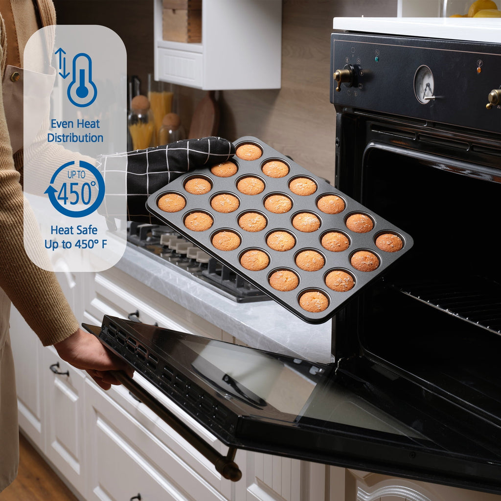 Premium Kitchen 24 Cavity Mini Muffin Pan, Non-Stick Bakeware,1.8 inch Diameter Cups,Gray,Carbon Steel - Multi-Functional Manual Food Chopper & Slicer Detail