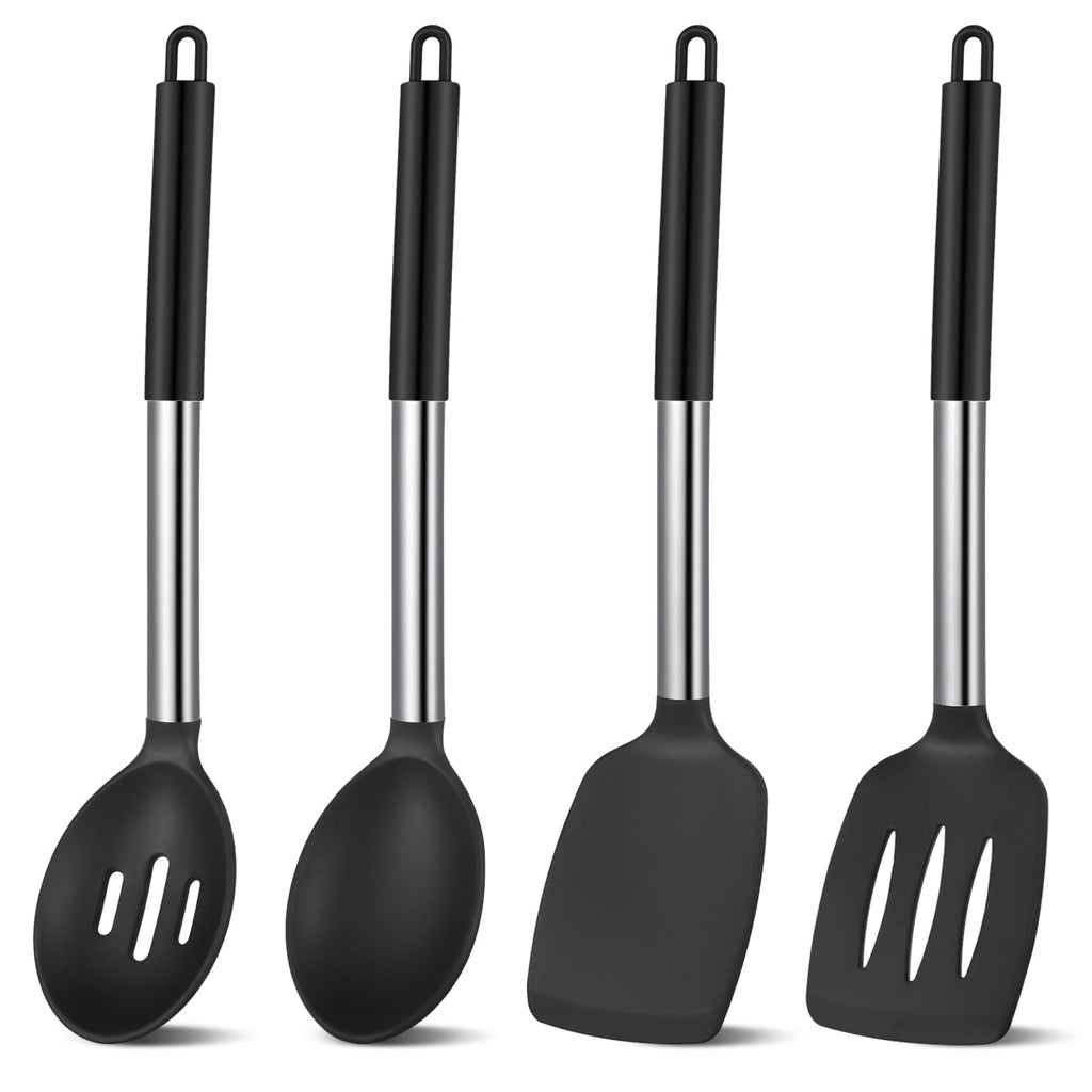 Seamless One-Piece Silicone Cooking Spatulas and Spoons, 4 Pack Heat Resistant Silicone Cooking Utensils Set, Non-stick Large Ki... - Premium Stainless Steel Cooking Utensil for Non-Stick Pots - Default Title